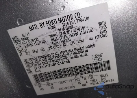 2011 Ford F-150 Xlt из США, поврежденный, VIN 1FTFX1EF6BFC18758